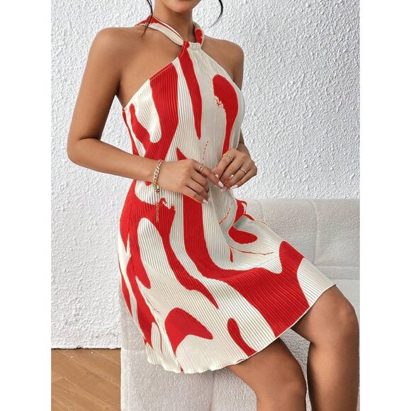 Women's Printed Halter Neck Mini Dress Casual Sundress for Parties Day - Picture 5 of 7